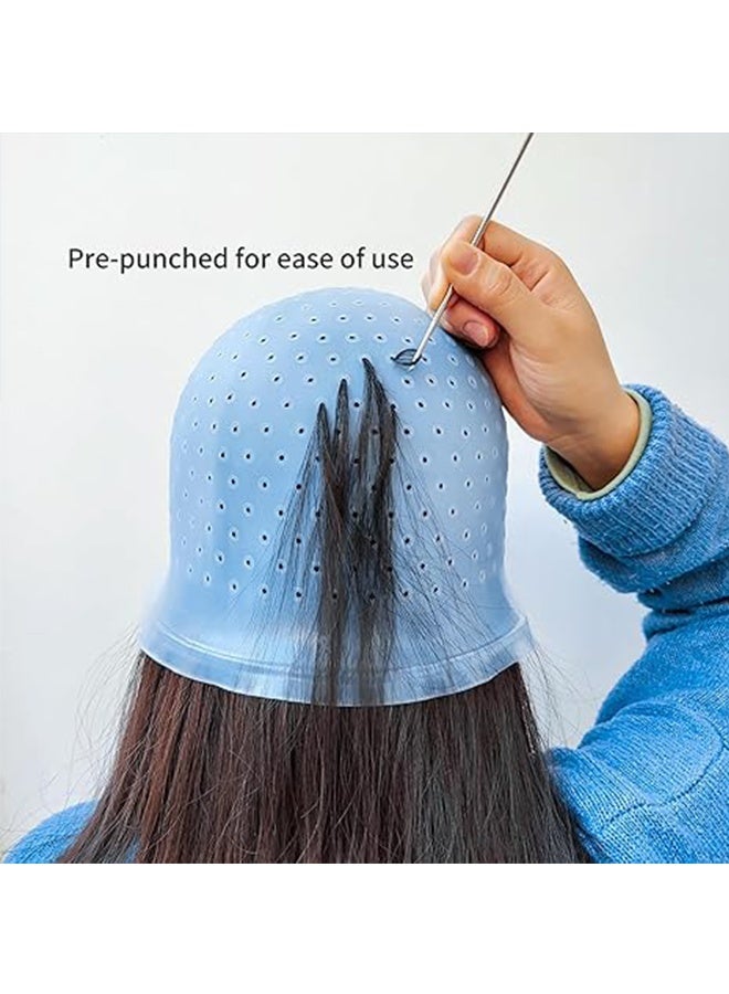 Highlighting Cap With Holes Already In Silicone Reusable Highlighting Cap Hair Dye Cap With Holes Tipping Caps Hair Salon Hairdressing Highlight Cap And Hook Kit (Blue) - Image 5