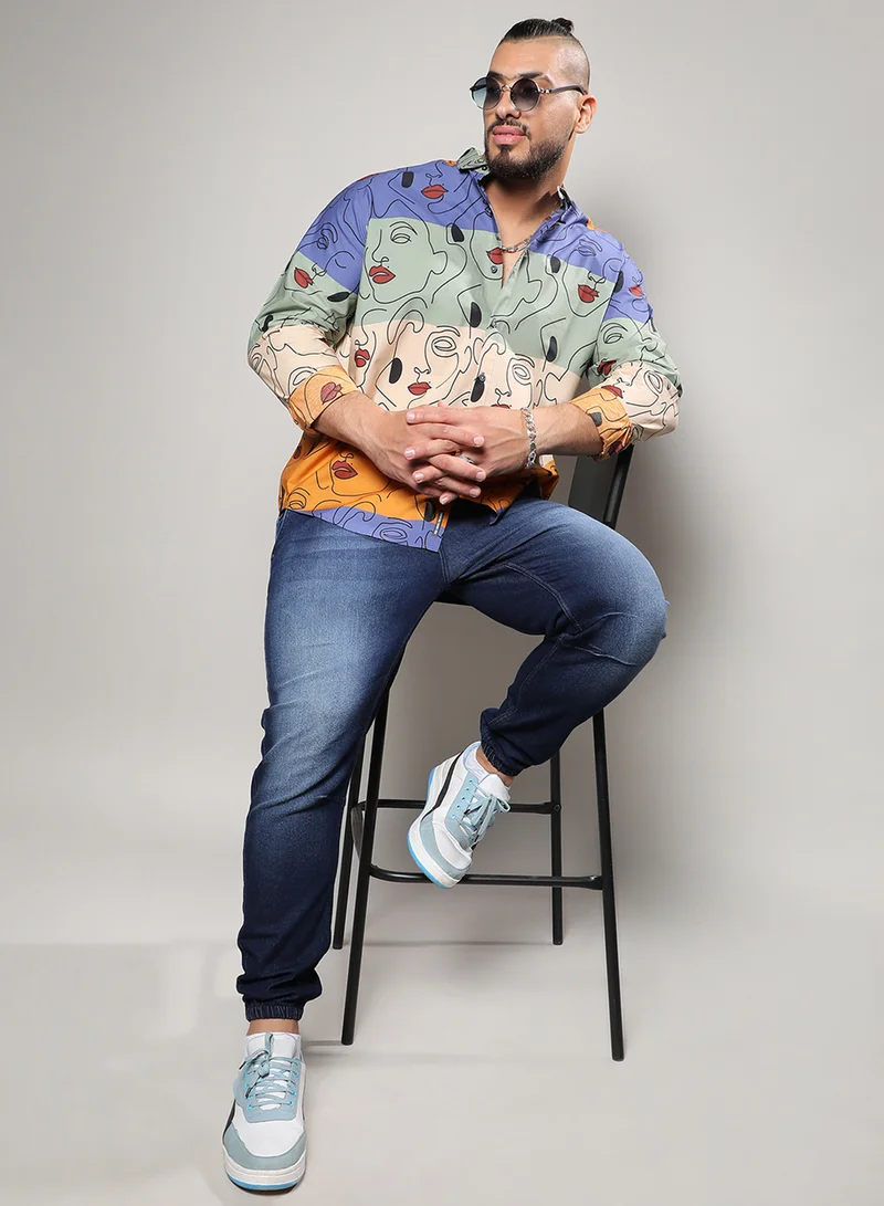 Instafab Plus Instafab Plus Men's Multicolour Face Line Shirt For Casual Wear | Spread Collar | Long Sleeve | Button Closure | Cotton Shirts Crafted With Comfort Fit For Everyday Wear