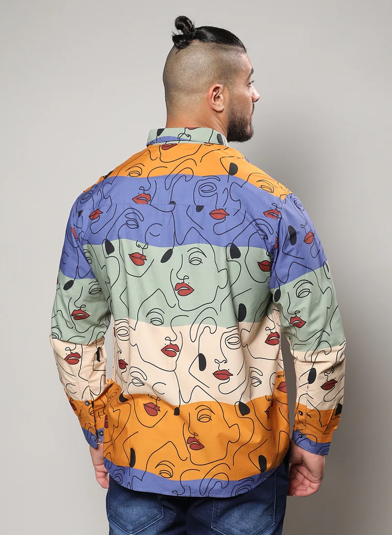 Instafab Plus Instafab Plus Men's Multicolour Face Line Shirt For Casual Wear | Spread Collar | Long Sleeve | Button Closure | Cotton Shirts Crafted With Comfort Fit For Everyday Wear