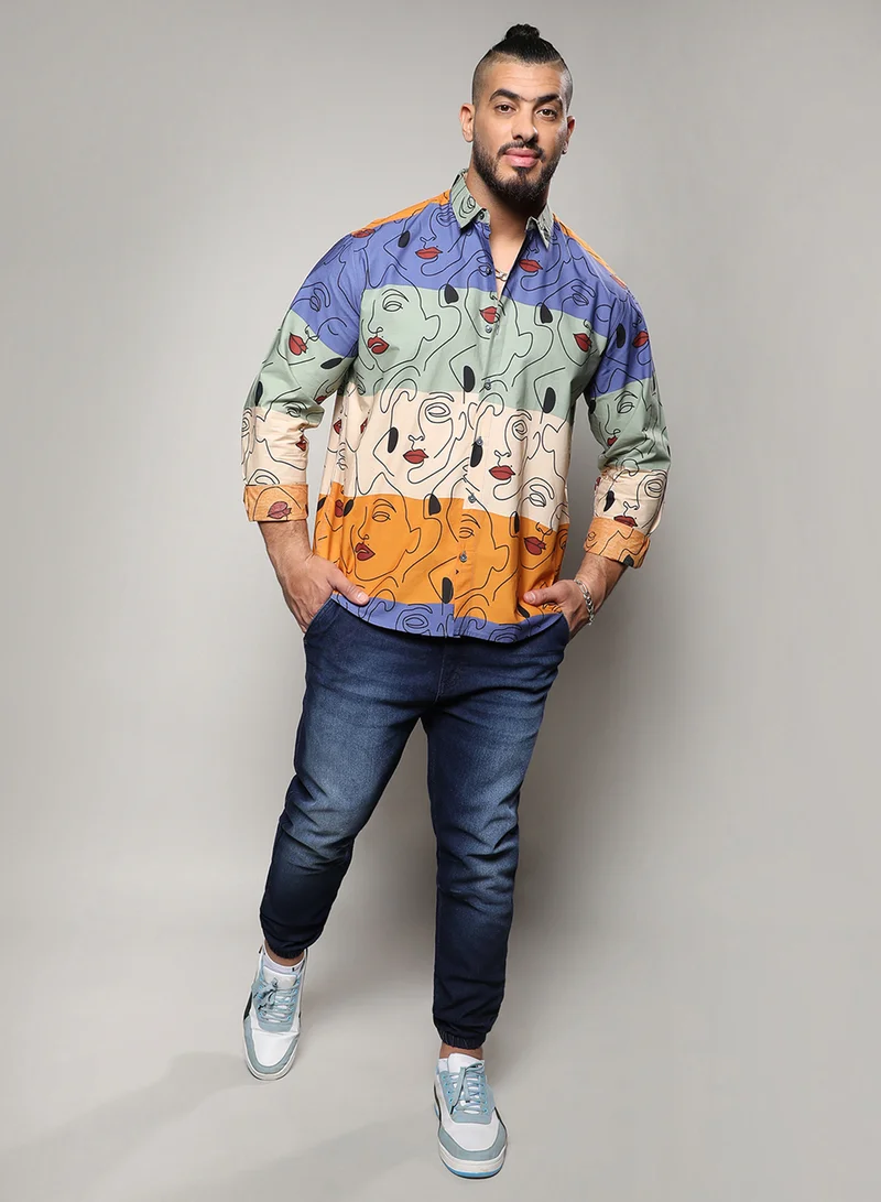 Instafab Plus Instafab Plus Men's Multicolour Face Line Shirt For Casual Wear | Spread Collar | Long Sleeve | Button Closure | Cotton Shirts Crafted With Comfort Fit For Everyday Wear