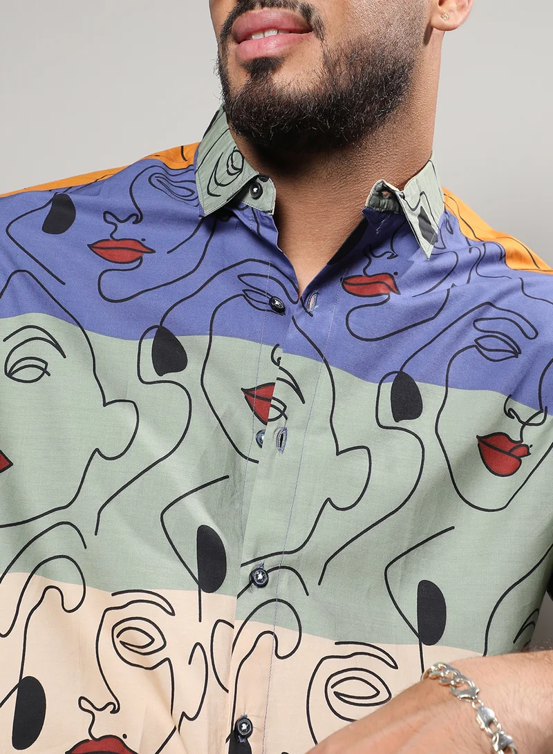 Instafab Plus Instafab Plus Men's Multicolour Face Line Shirt For Casual Wear | Spread Collar | Long Sleeve | Button Closure | Cotton Shirts Crafted With Comfort Fit For Everyday Wear