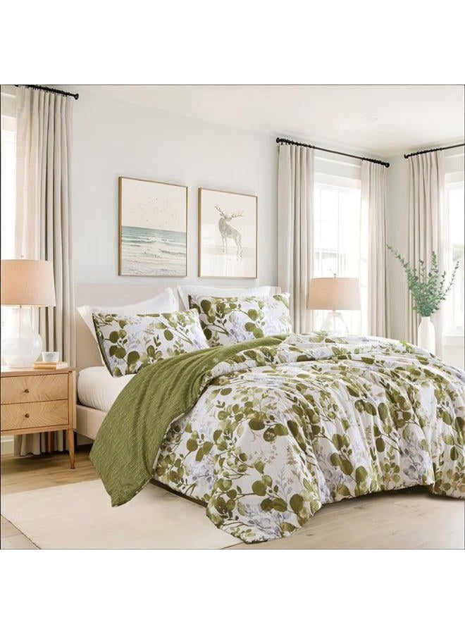 Regency Heights Lightweight Seersucker Botanical Queen Size Comforter Set, Reversible Design Bed Comforter, Premium Microfiber Bedding Set, Comforter and Shams Set, Olive Green - Image 1
