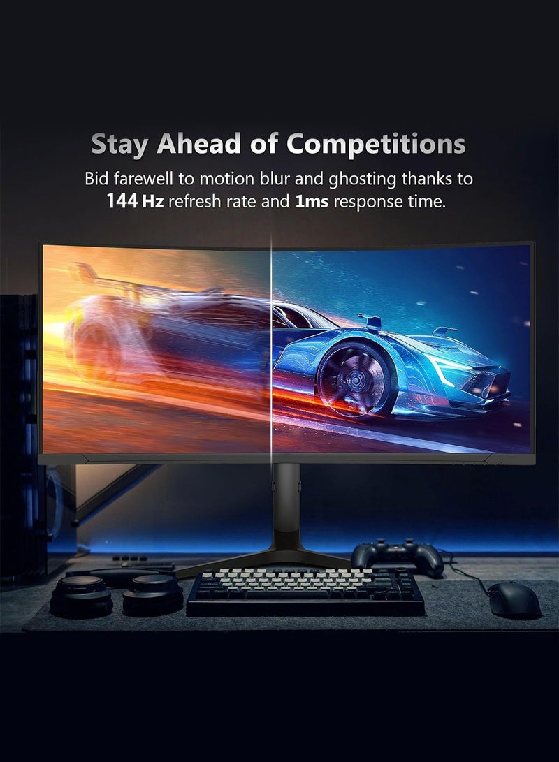 HILUKE 34" Curved WQHD 3440×1440 Gaming Monitor 144Hz, 1ms, 1500R, HDR 10, 100% sRGB PC Screen, AMD Free-Sync Premium/G-Sync Compatible, 2 x DispalyPort 1.4 & HDMI 2.0, Height/Tilt Adjustable Stand, Black - Image 2