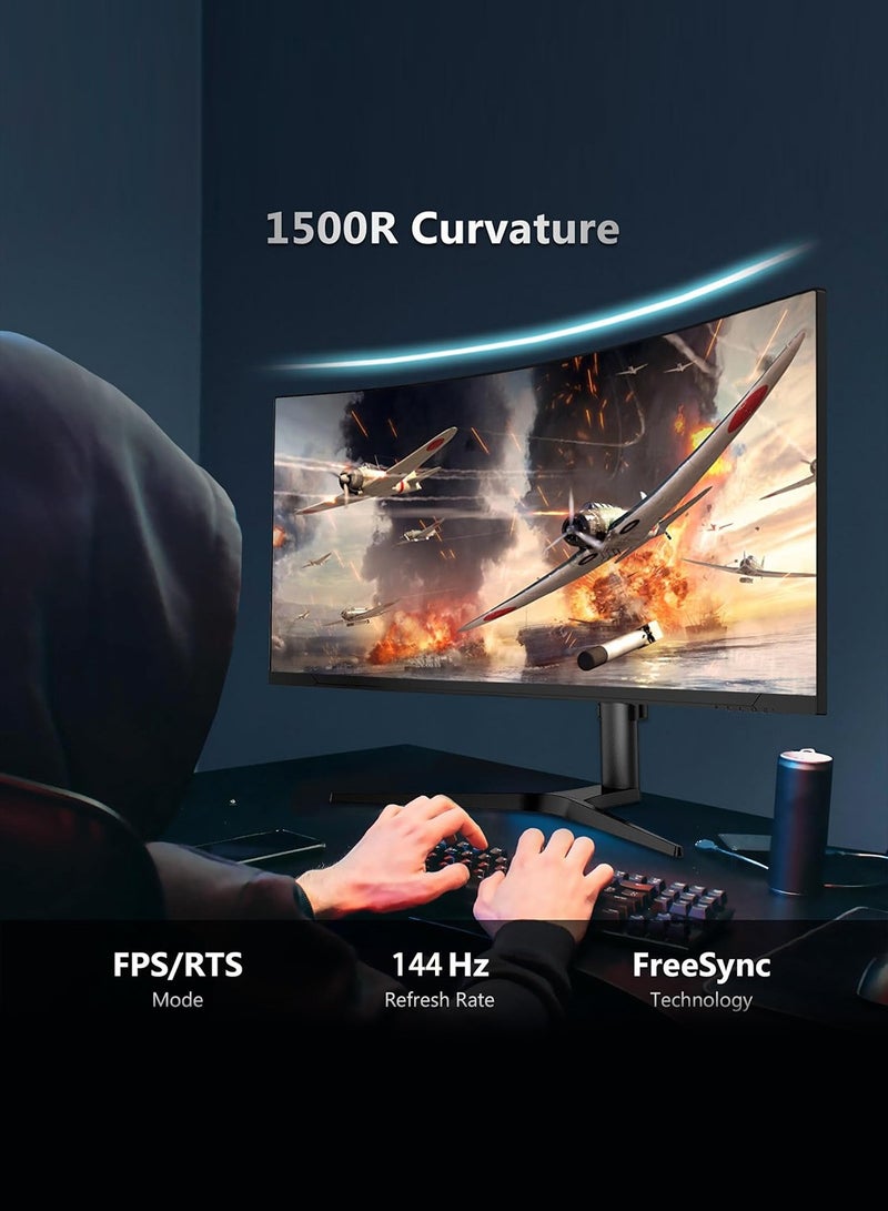HILUKE 34" Curved WQHD 3440×1440 Gaming Monitor 144Hz, 1ms, 1500R, HDR 10, 100% sRGB PC Screen, AMD Free-Sync Premium/G-Sync Compatible, 2 x DispalyPort 1.4 & HDMI 2.0, Height/Tilt Adjustable Stand, Black - Image 4
