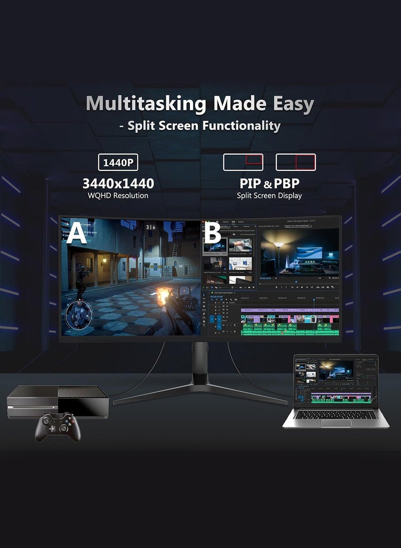 HILUKE 34" Curved WQHD 3440×1440 Gaming Monitor 144Hz, 1ms, 1500R, HDR 10, 100% sRGB PC Screen, AMD Free-Sync Premium/G-Sync Compatible, 2 x DispalyPort 1.4 & HDMI 2.0, Height/Tilt Adjustable Stand, Black - Image 3