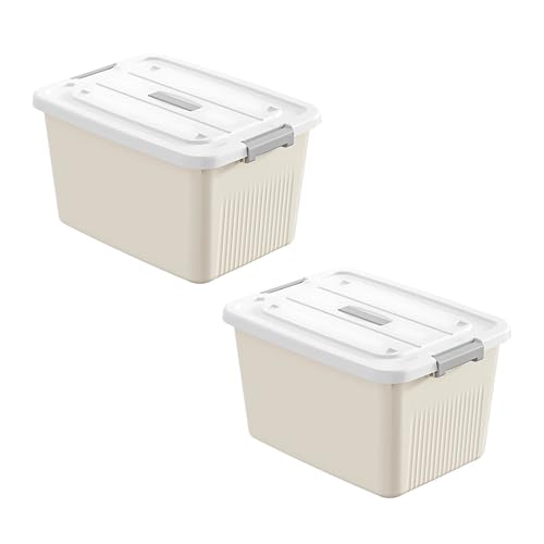 HoopVool Plastic Storage Bin with Locking Lid, Sturdy and Versatile Home Organizer, Available in Multiple Color And Size. (CREAM, PACK OF - 2, LARGE - 14 X 10.2 X 6.3 INCH) - Image 1