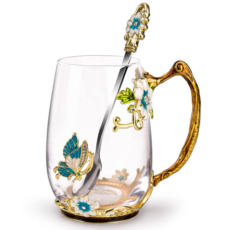OEAGO Birthday Gifts for Women Mom Glass Coffee Enamels Mug Best Mothers Day Butterfly Gifts for Her from Daughter Son LeadFree Christmas Tea Cup with Spoon Sets - Image 2