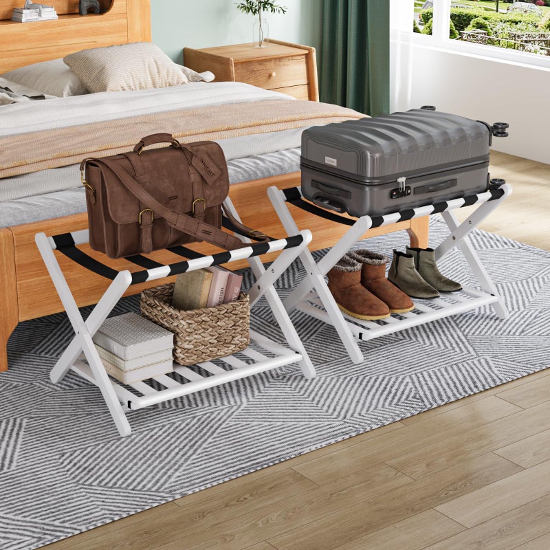 Smuxee Fully Assembled White Luggage Rack Pack of 2 Bamboo Foldable Suitcase Stand with 5 Nylon Straps Luggage Holder with Shelf for Guest Room Bedroom Hotel White Luggage Rack 2pcs