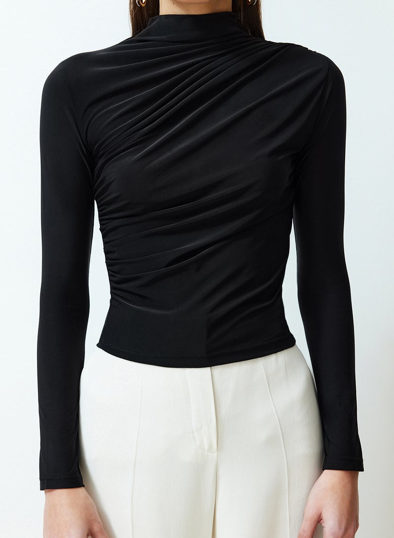 trendyol Black Gathered Square Collar Fitted Flexible Knitted Blouse TWOSS24BZ00487 - Image 5