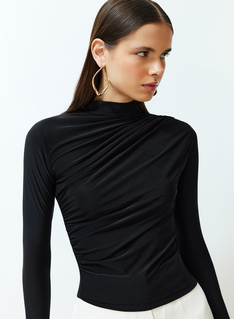 trendyol Black Gathered Square Collar Fitted Flexible Knitted Blouse TWOSS24BZ00487 - Image 4