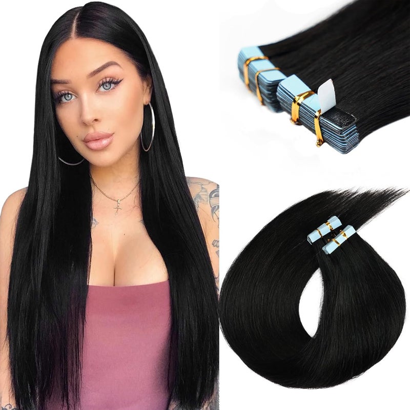 16 inch Tape in Hair Extensions Human Hair Invisible Straight Tape Hair Extensions for Women 20 Pcs50g Seamless Skin Weft Real Hair Extensions Tape ins Human Hair 1 Jet Black