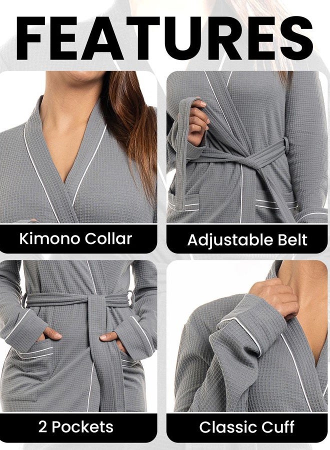 NY Threads Women's Robe Soft Knit Waffle Bathrobe Lightweight Knee-Length Loungewear, Grey, M - Image 3