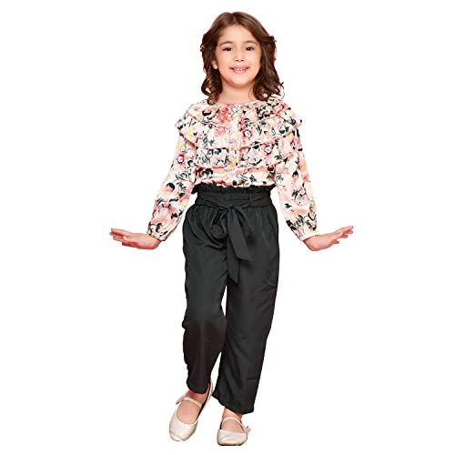 LILPICKS Girls' Polycotton Floral Print Frilled Top with Trouser Set (Beige & Green, 10-12Y) - Image 1