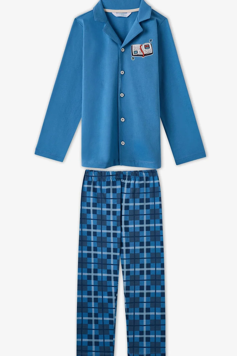 PENTI Boys' Book Lovers Checkered Cotton Buttoned Long Sleeve Shirt Trousers Pajama Set