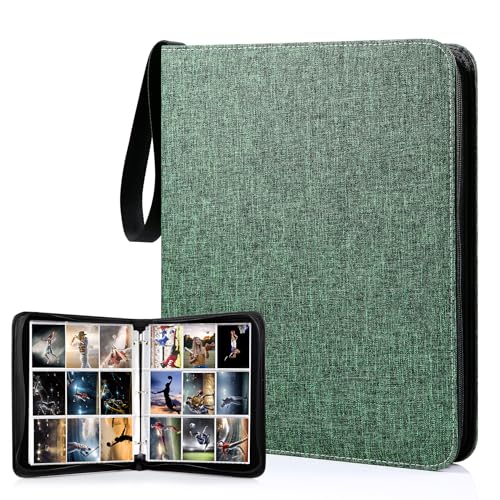 WOT I Trading Card Binder, 900 Pockets Collection Card Binder Sleeves with Polyester Fabric Cover&Zipper, Double Sided Pockets Card Holder Carry Card Case for Standard Size Cards - Green - Image 1
