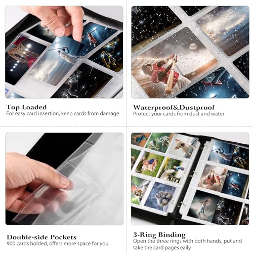 WOT I Trading Card Binder, 900 Pockets Collection Card Binder Sleeves with Polyester Fabric Cover&Zipper, Double Sided Pockets Card Holder Carry Card Case for Standard Size Cards - Green - Image 4
