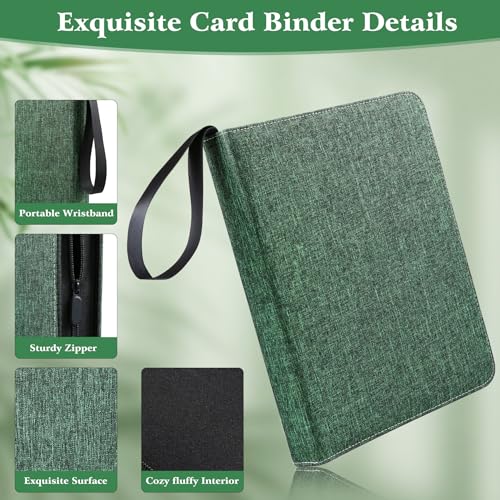 WOT I Trading Card Binder, 900 Pockets Collection Card Binder Sleeves with Polyester Fabric Cover&Zipper, Double Sided Pockets Card Holder Carry Card Case for Standard Size Cards - Green - Image 3