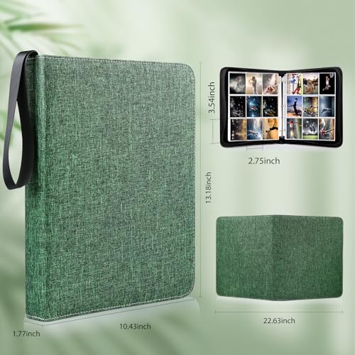 WOT I Trading Card Binder, 900 Pockets Collection Card Binder Sleeves with Polyester Fabric Cover&Zipper, Double Sided Pockets Card Holder Carry Card Case for Standard Size Cards - Green - Image 2