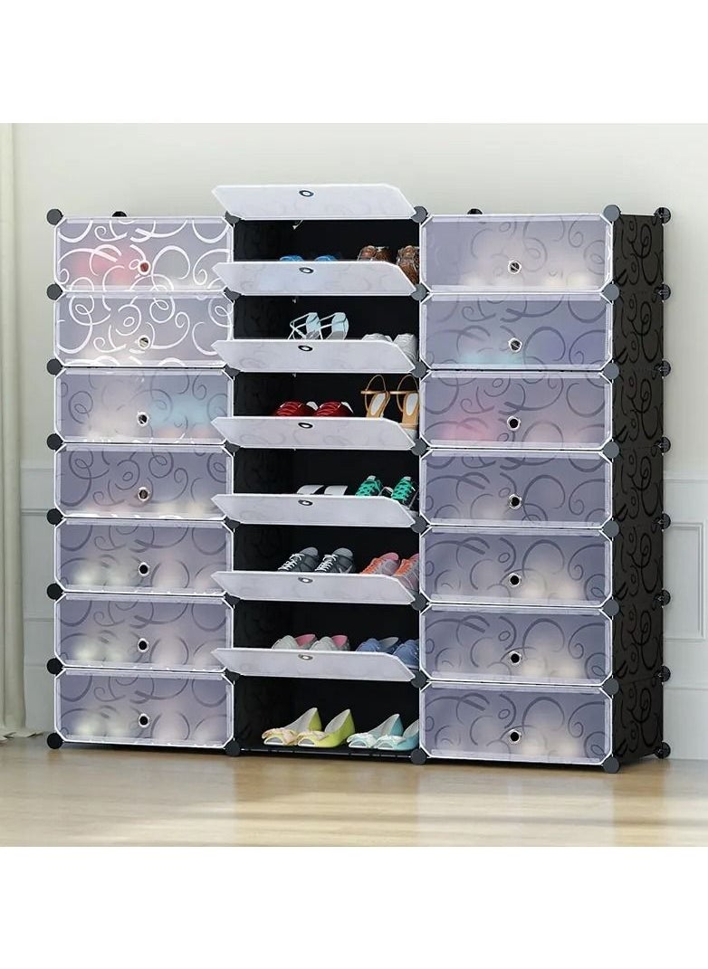 18 Cube Plastic Shoe Storage Organizer Units, Stackable Shoe Organizing Rack, Closed Shoe Organizer Boxes Bins with Doors, Space Saving Shoe Storage Cabinet for Heels, Boots, Slippers
