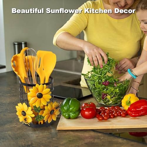 BESZONE Sunflower Utensil Caddy with Silicone Cooking Utensils Set 6PCS, Canister Holder Sunflower Kitchen Decor and Accessories Theme Set Counter Yellow Kitchen Decor Country Crock Organizer Gifts for Women - Image 2
