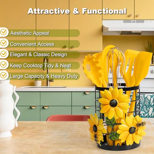 BESZONE Sunflower Utensil Caddy with Silicone Cooking Utensils Set 6PCS, Canister Holder Sunflower Kitchen Decor and Accessories Theme Set Counter Yellow Kitchen Decor Country Crock Organizer Gifts for Women - Image 3