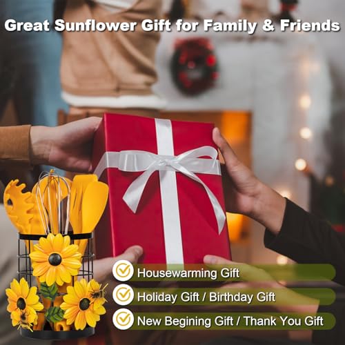 BESZONE Sunflower Utensil Caddy with Silicone Cooking Utensils Set 6PCS, Canister Holder Sunflower Kitchen Decor and Accessories Theme Set Counter Yellow Kitchen Decor Country Crock Organizer Gifts for Women - Image 5