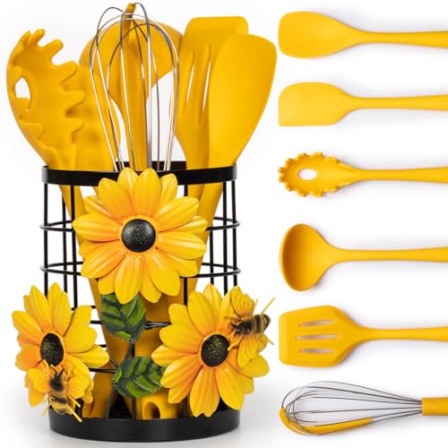 BESZONE Sunflower Utensil Caddy with Silicone Cooking Utensils Set 6PCS, Canister Holder Sunflower Kitchen Decor and Accessories Theme Set Counter Yellow Kitchen Decor Country Crock Organizer Gifts for Women - Image 1