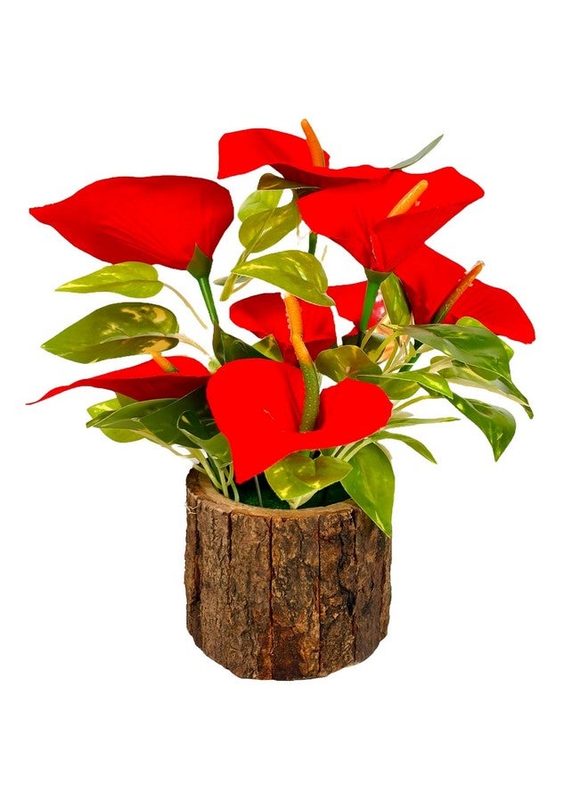 Dekorly Artificial Sunflowers, Rose, Anthurium Fake Flowers Potted Artificial Plants Decorative Artificial Flowers Indoors for Home Office | Natural Wooden Pot (Anthurium, Height : 18CM) - Image 1