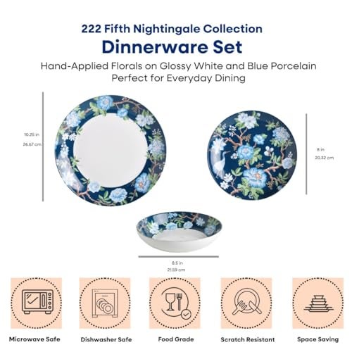 222 Fifth 12-Piece Porcelain Dinnerware Set for 4, Luxury White & Bohemian Blue Plates and Bowls Set, Glossy Ceramic Dish Set with Detailed Floral, Microwave & Dishwasher Safe Dishes, Nightingale - Image 2