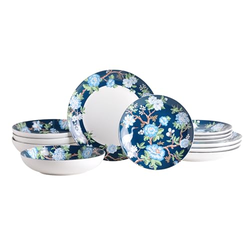 222 Fifth 12-Piece Porcelain Dinnerware Set for 4, Luxury White & Bohemian Blue Plates and Bowls Set, Glossy Ceramic Dish Set with Detailed Floral, Microwave & Dishwasher Safe Dishes, Nightingale - Image 1