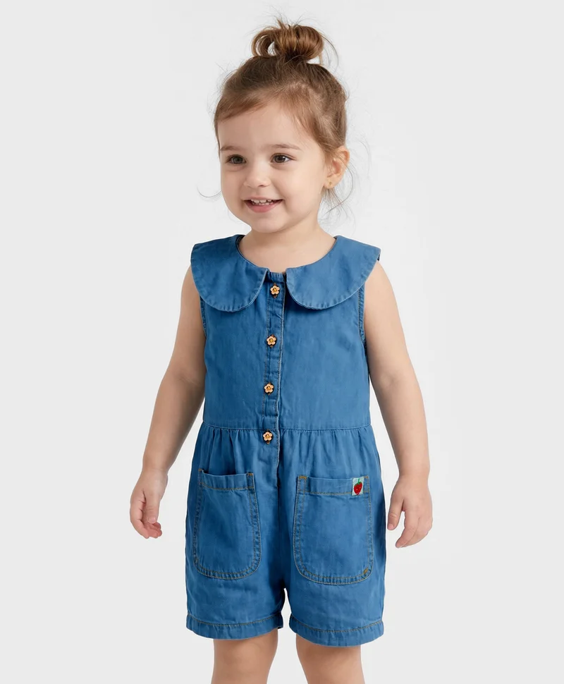Bonfino Bonfino 100% Cotton Sleeveless Peter Pan Collar Denim Jumpsuit - Blue