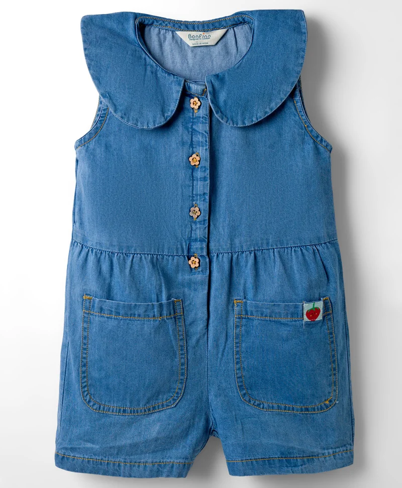 Bonfino Bonfino 100% Cotton Sleeveless Peter Pan Collar Denim Jumpsuit - Blue