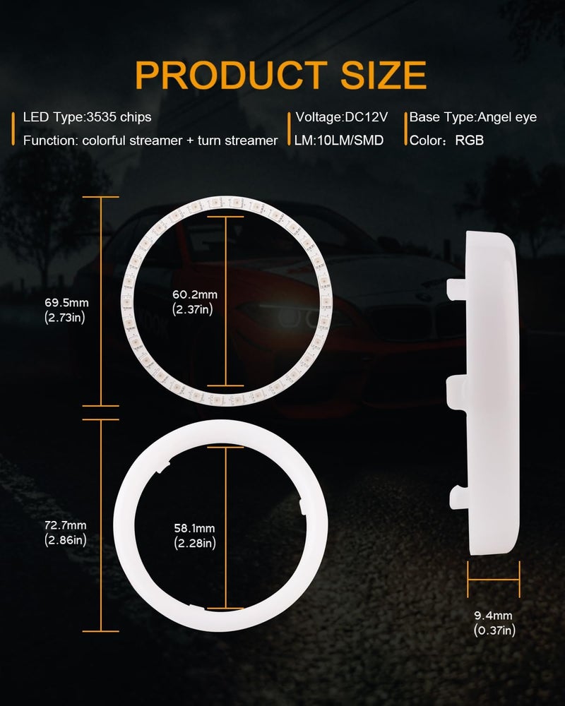 Qasim 100MM RGB LED Angel Eyes Halo Rings with Bluetooth Control - 2-Pack - Image 2