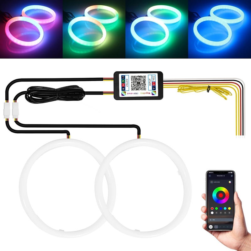 Qasim 100MM RGB LED Angel Eyes Halo Rings with Bluetooth Control - 2-Pack - Image 1