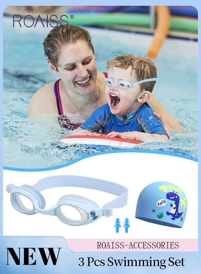 roaiss 3 Pcs Swim Goggle Set for Kids, High-definition Waterproof and Anti-fog Goggle, Soft Silicone Swim Cap and Earplugs, Indoor and Outdoor Safety Swimming Gear for Boys and Girls Age 3-12 - Image 1