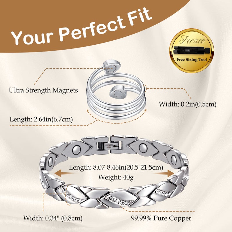 Feraco Copper Bracelet for Women 99.99% Solid Copper Magnetic Bracelets, Unique X Shape Links, Magnetic Field Therapy Jewelry Gifts (Silver X with Ring) - Image 4