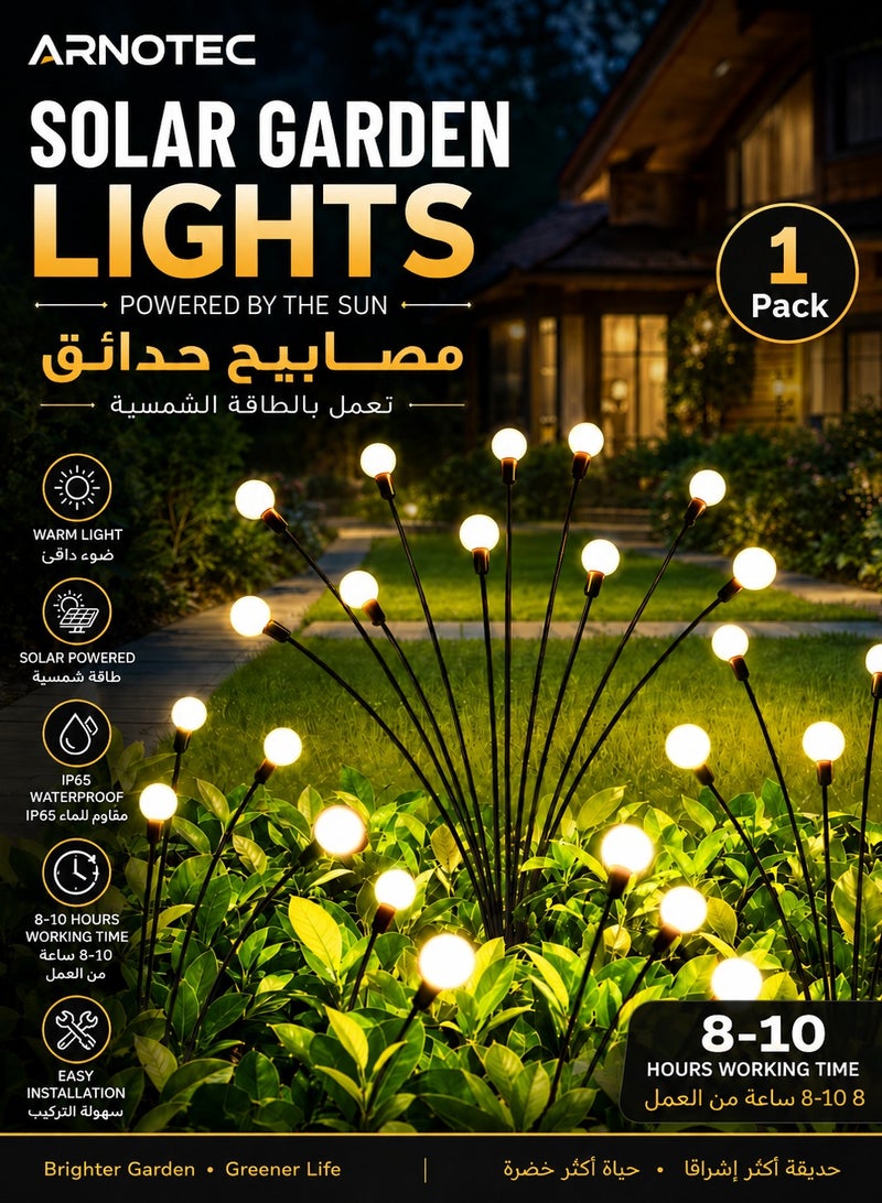 ARNOTEC Solar Garden Firefly Lights, 1 Pack 8 LED Outdoor Solar Decorative Lights, Flexible Copper Wire Firefly Effect Pathway & Yard Lights, IP65 Waterproof Warm White Garden Lighting - Image 1