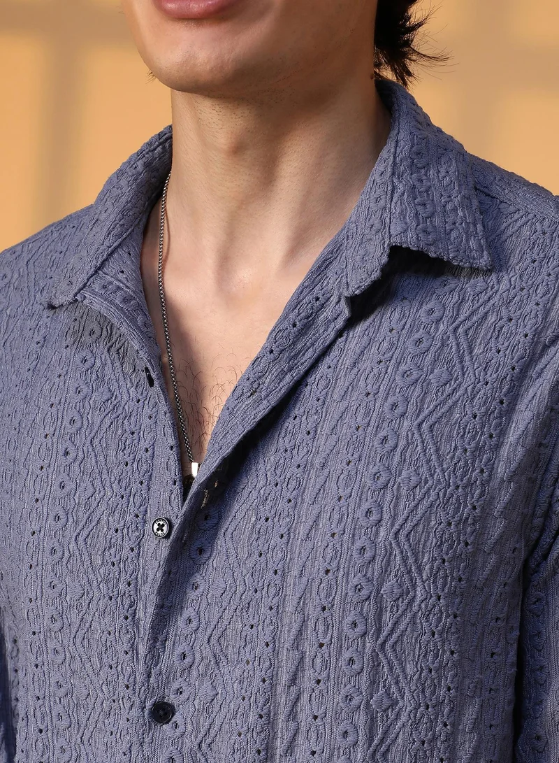 Campus Sutra Men's Stone Blue Aztec-Textured Shirt