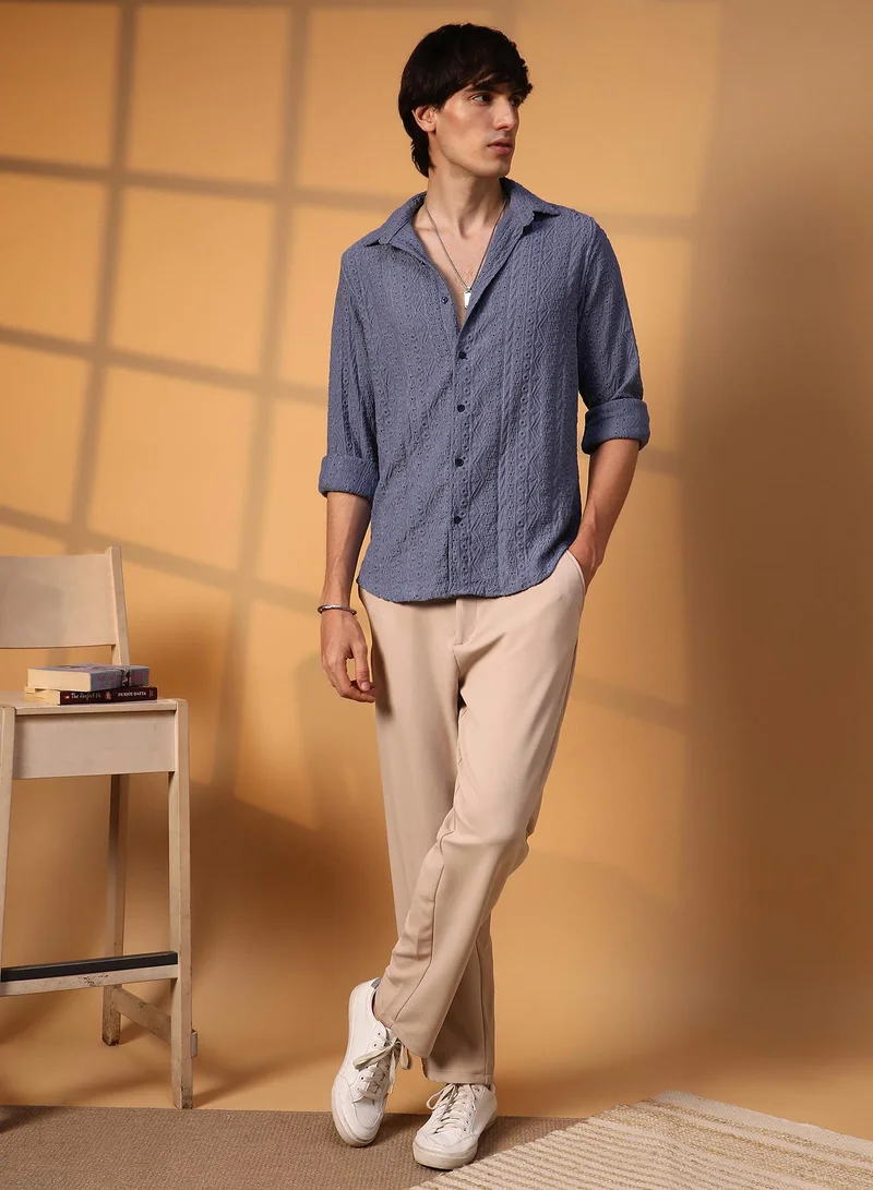 Campus Sutra Men's Stone Blue Aztec-Textured Shirt