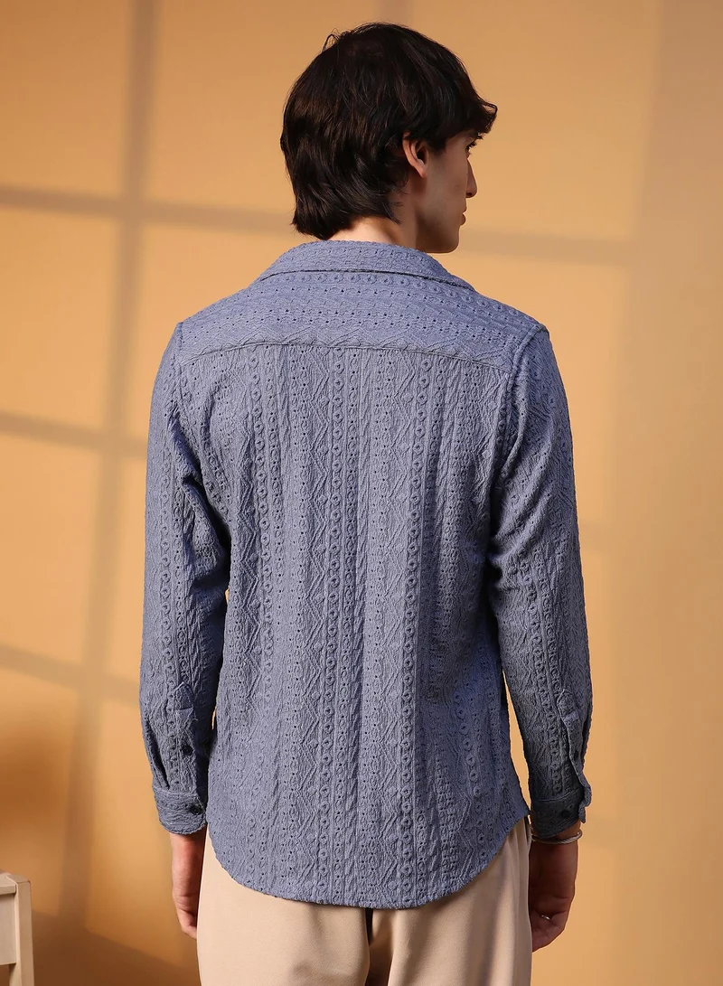 Campus Sutra Men's Stone Blue Aztec-Textured Shirt