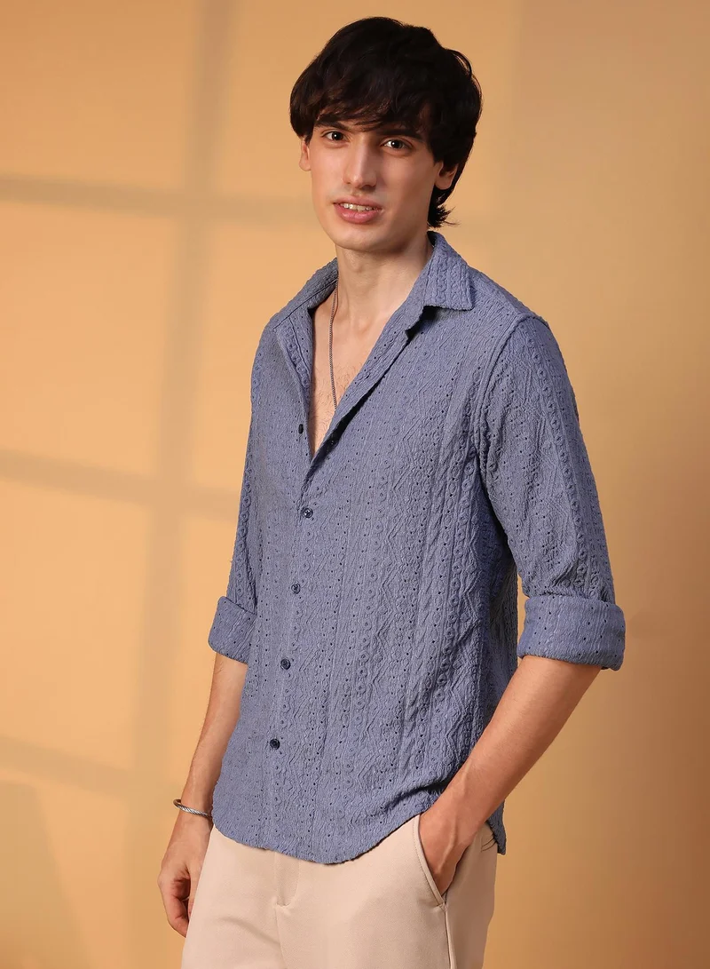 Campus Sutra Men's Stone Blue Aztec-Textured Shirt