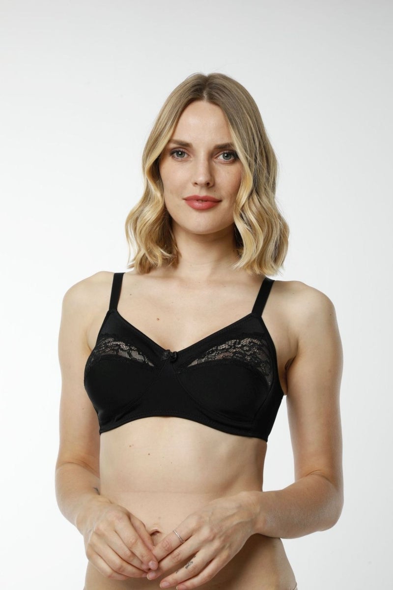 HMD Underwear Hmd 6080 Women's 3-Piece Ribana 100% Cotton Black Thin Strap Breast Lace Detailed Minimizer Bra  - Image 1