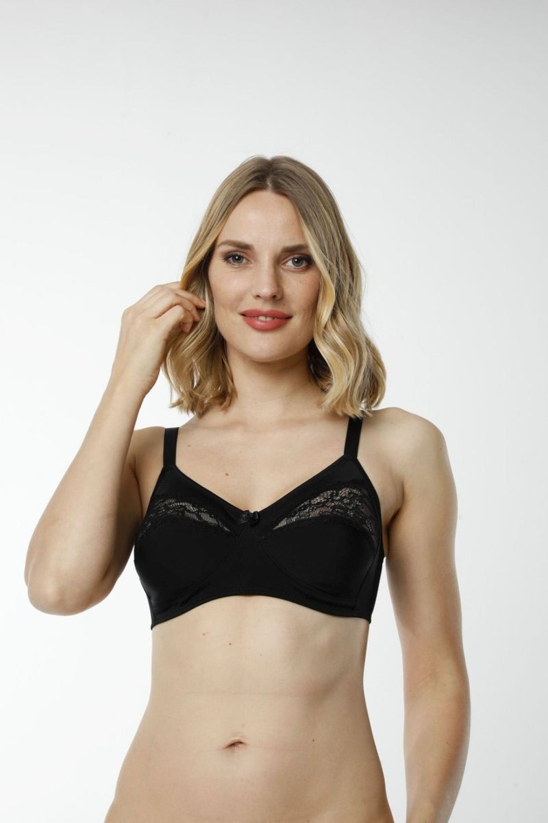 HMD Underwear Hmd 6080 Women's 3-Piece Ribana 100% Cotton Black Thin Strap Breast Lace Detailed Minimizer Bra  - Image 3