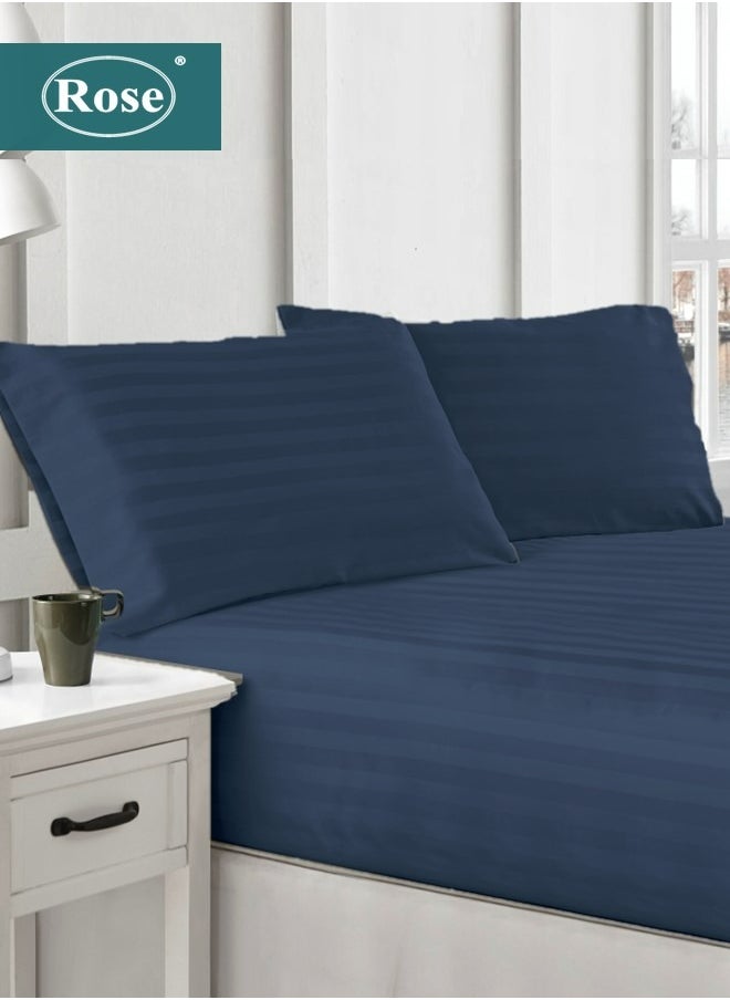 Rose - Rose Luxurious Hotel Stripe Fitted Sheet with Deep Pockets and Pillow Cases, Bed Sheet 3-Pieces Set, Soft & Silky Microfiber Breathable and Cooling, King Size 200x200+35 cm, Dark Blue - Image 1