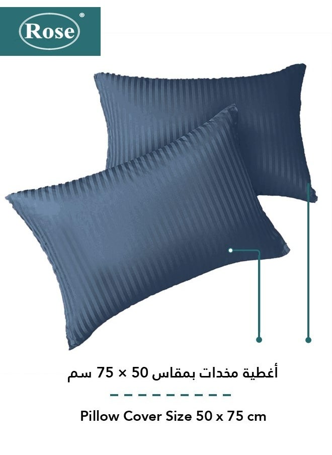 Rose - Rose Luxurious Hotel Stripe Fitted Sheet with Deep Pockets and Pillow Cases, Bed Sheet 3-Pieces Set, Soft & Silky Microfiber Breathable and Cooling, King Size 200x200+35 cm, Dark Blue - Image 1