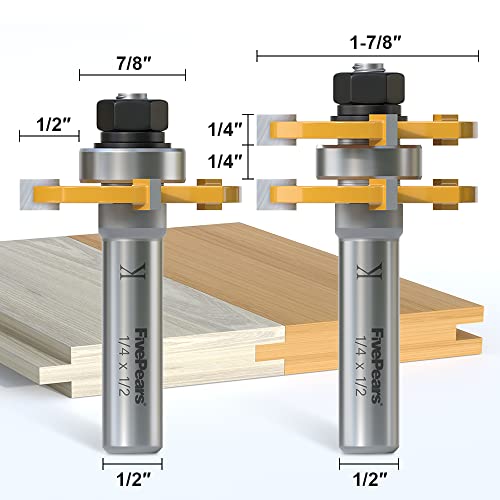 FivePears Tongue and Groove Router Bit Set with 1/2" Shank,T Shape 3 Teeth Wood Milling Cutter Woodworking Tool(2pcs) - Image 2