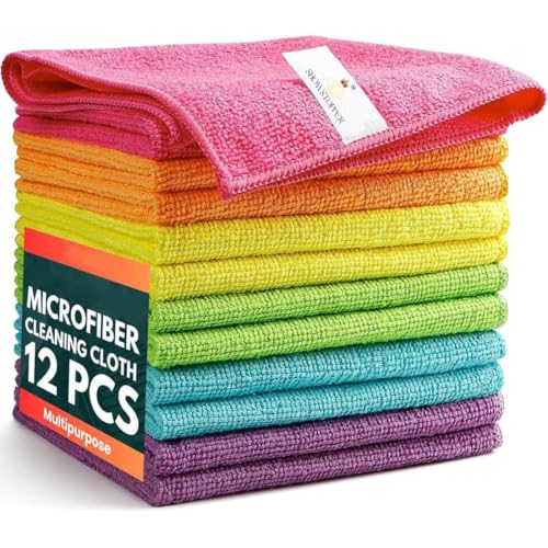 Showstopper 250 GSM Microfiber Cleaning Cloths, Pack of 12 - Lint, Streak, Scratch-Free - Reusable, Durable, Machine Washable Towels for Car, Kitchen & Windows (6 Multi Color, 30cm X 30cm) - Image 1