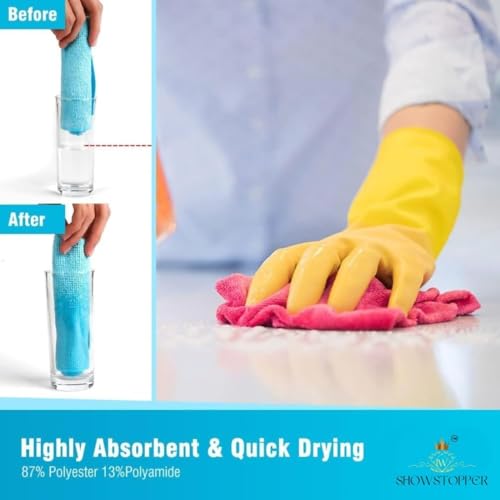 Showstopper 250 GSM Microfiber Cleaning Cloths, Pack of 12 - Lint, Streak, Scratch-Free - Reusable, Durable, Machine Washable Towels for Car, Kitchen & Windows (6 Multi Color, 30cm X 30cm) - Image 3