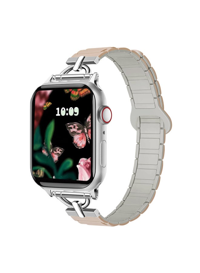 Suitable For Apple Watch For ApplewatchS10 Magnetic Two-color Small Waist Silicone Strap Girls 2025 New-Color:38/40/41/s10(42) Milk Tea With Rock White  - Image 1