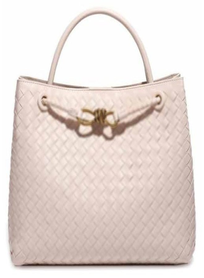 URAWOW Woven Bags for Women Bowknot Small Tote Shoulder Hobo Crossbody Bags PU Leather Handwoven Woven Purse, 12.6" X 5.1" X 9.4" Beige - Image 1